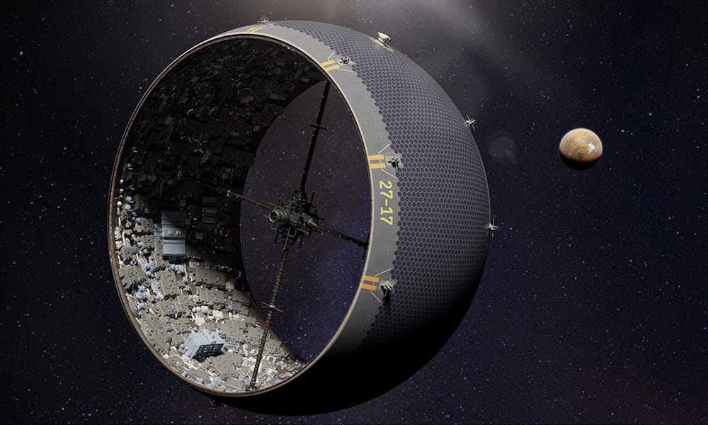Imagine a space habitat placed inside a giant mesh bag covering the entire asteroid